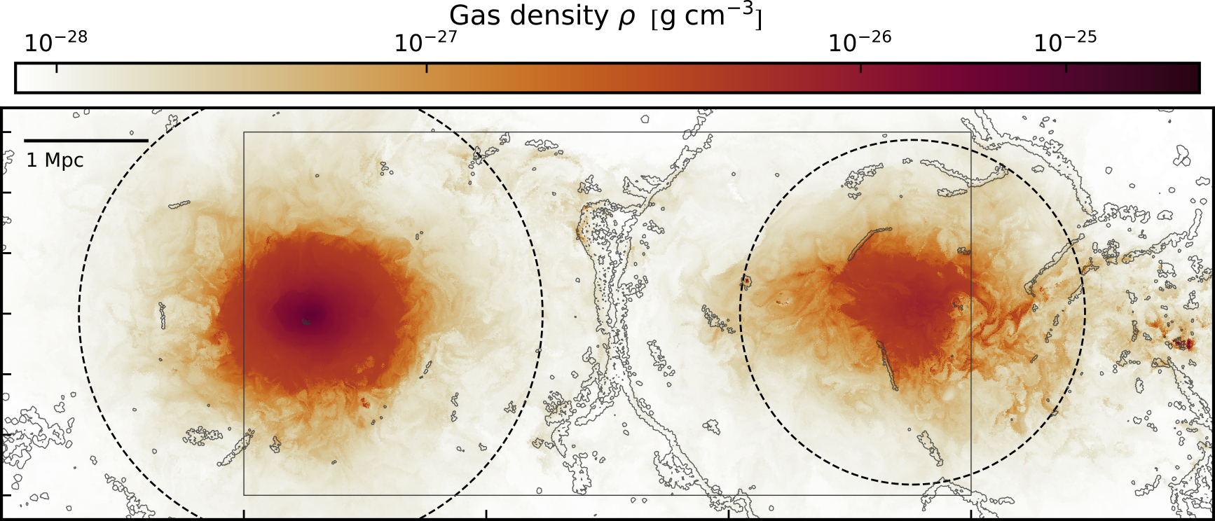 Slice of the density of two massive clusters before a major merger